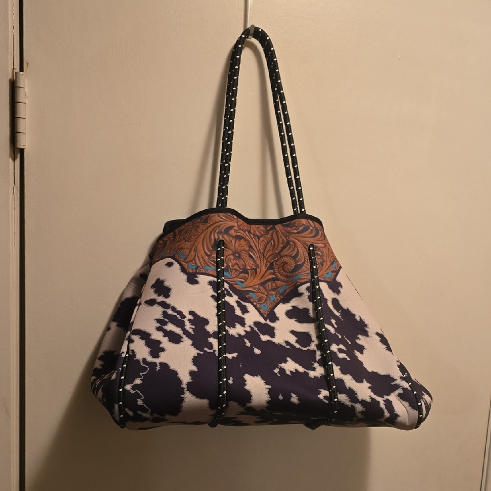 Women's Cowprint Tote Bag with Brown Tooled Accent